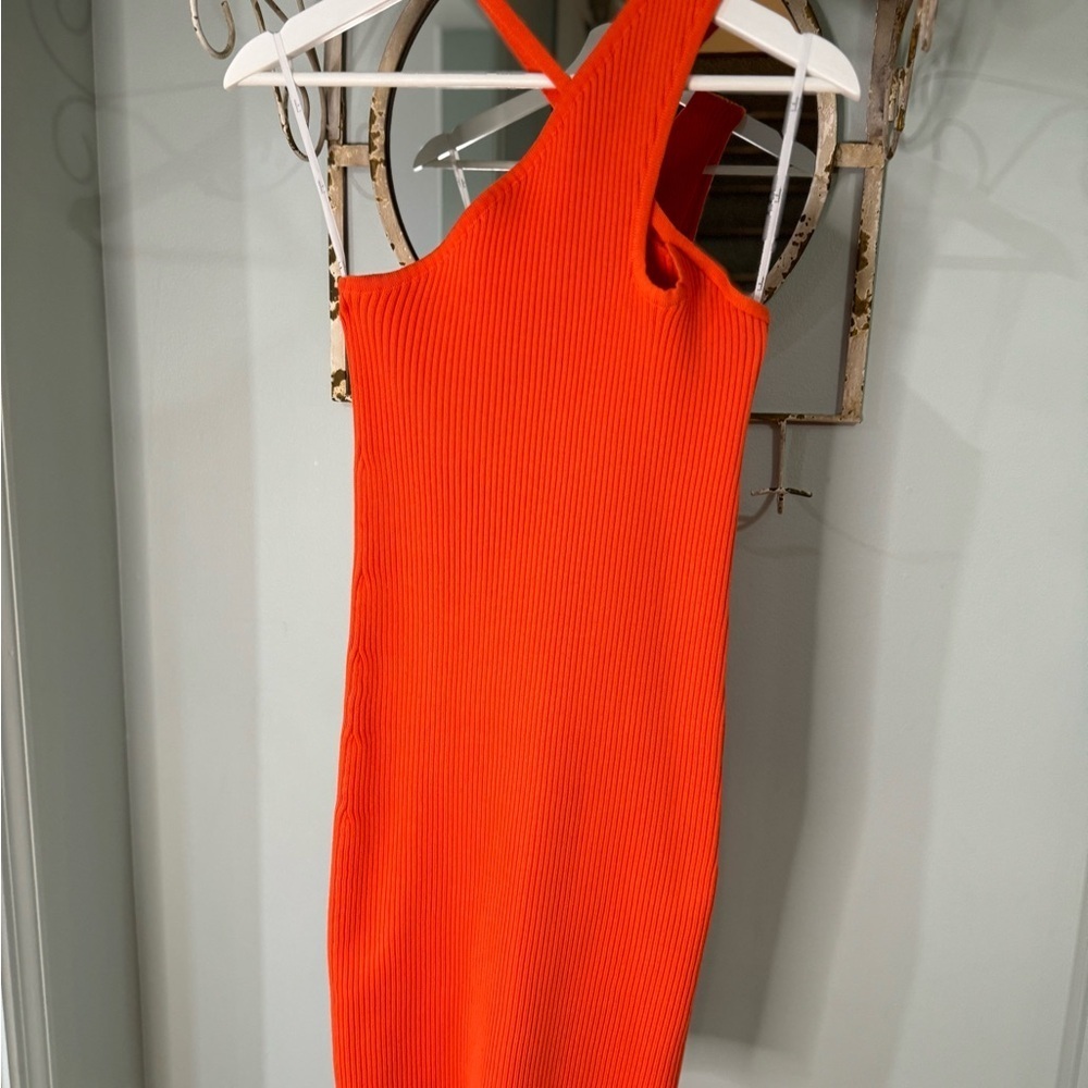 Lulu’s, Exciting Night Orange Red Ribbed Asymmetrical Bodycon Mini Dress, Med - Picture 4 of 8